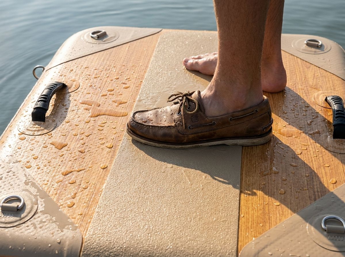 A wet foot and a boat shoe planted on the Tidle non-slip strip