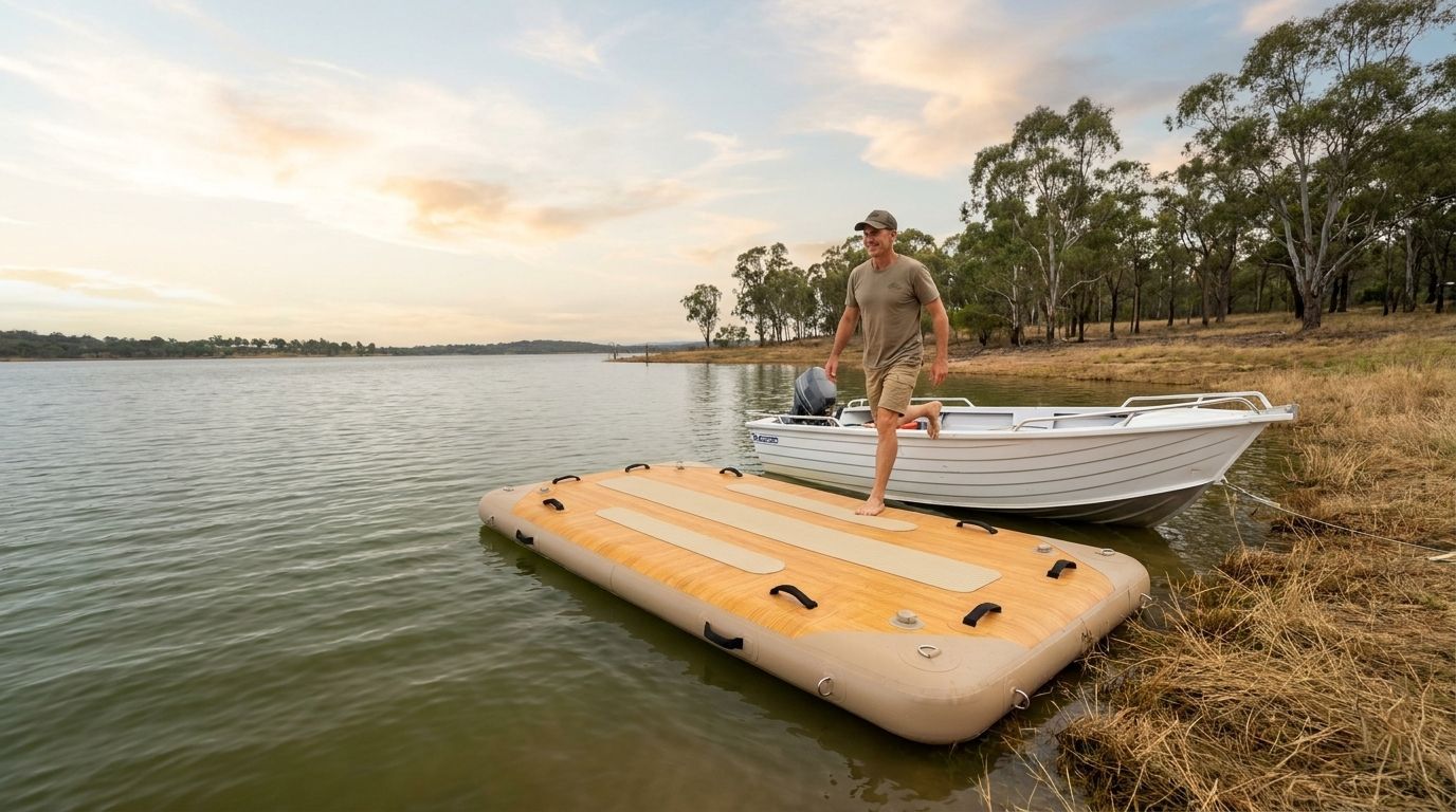 A man steps from his trailer boat onto a Tidle dock at a lake in the early morning