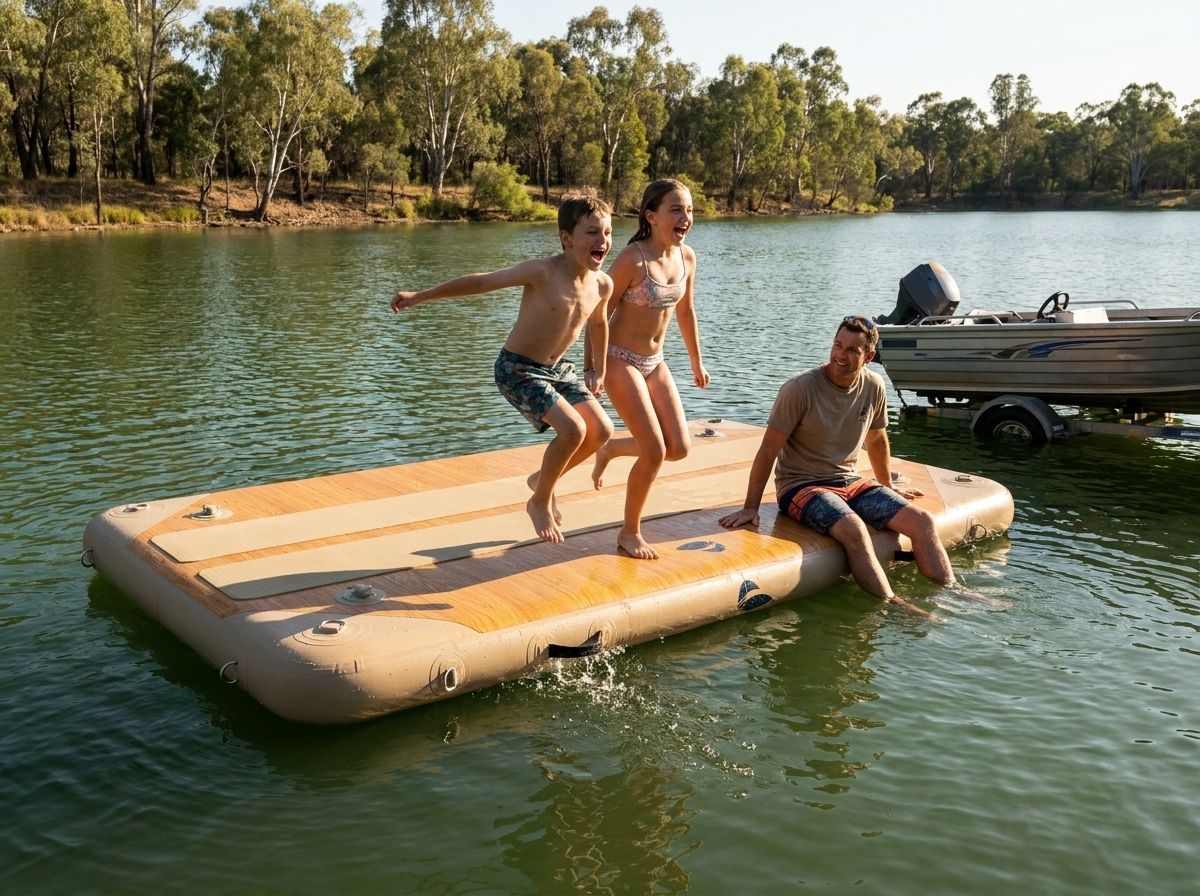 Two kids jump off the end of a Tidle dock while their dad watches