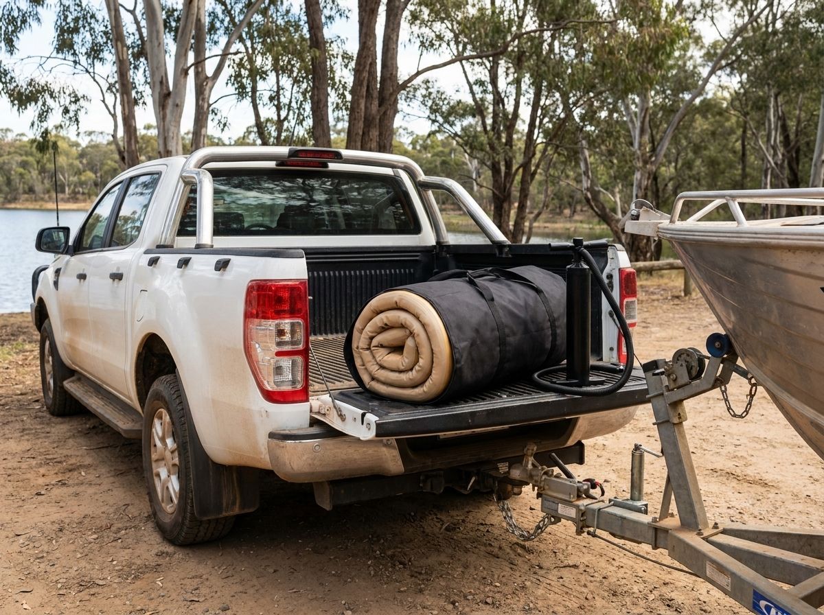 The Tidle dock rolled in its bag on the tailgate of a ute with a boat behind